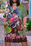 Casual Figure Print Basic V Neck Short Sleeve Pockets Plus Size T-shirt Midi Dresses