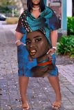 Casual Figure Print Basic V Neck Short Sleeve Pockets Plus Size T-shirt Midi Dresses
