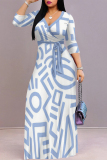 Casual Geometric Print V Neck Three Quarter Lace Up Belt Loose Vacation A Line Maxi Dress
