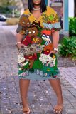Casual Graphics Print  V Neck Short Sleeve Pockets Plus Size T-shirt Midi Dresses