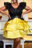 Deep V Neck Backless Ruffle Sleeve Ruffle Tiered Hem Cake Skirt Formal Evening Party Mini Dresses