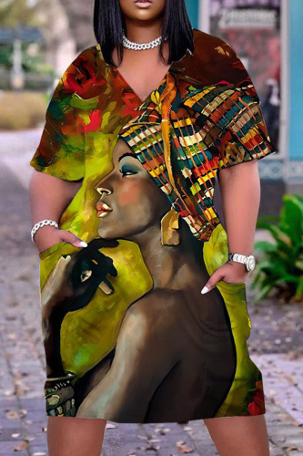 Casual Figure Print Basic V Neck Short Sleeve Pockets Plus Size T-shirt Midi Dresses