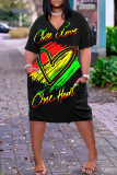 Casual Graphics Print  V Neck Short Sleeve Pockets Plus Size T-shirt Midi Dresses