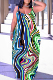 Street Graphics Print Backless Spaghetti Strap Floor Length Plus Size Vacation Baggy Maxi Slip Dresses