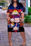 Casual Graphics Print  V Neck Short Sleeve Pockets Plus Size T-shirt Midi Dresses