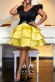 Deep V Neck Backless Ruffle Sleeve Ruffle Tiered Hem Cake Skirt Formal Evening Party Mini Dresses