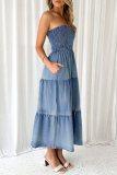 Gradual Change Strapless Sleeveless Pocket Side Slit Ruffle Tiered Hem Vacation A Line Tube Denim Maxi Dresses