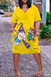 Casual Graphics Print  V Neck Short Sleeve Pockets Plus Size T-shirt Midi Dresses