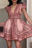 Sexy Boho Floral Print Lace Up V Neck Short Sleeve Cinch Waist Vacation A Line Pleated Swing Sundress