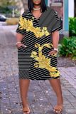 Casual Graphics Print V Neck Short Sleeve Pockets Plus Size T-shirt Midi Dresses