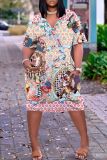Casual Graphics Print V Neck Short Sleeve Pockets Plus Size T-shirt Midi Dresses
