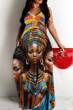 Casual Figure Print Backless Spaghetti Strap Sleeveless Floor Length Long Baggy Vacation Maxi Slip Dresses