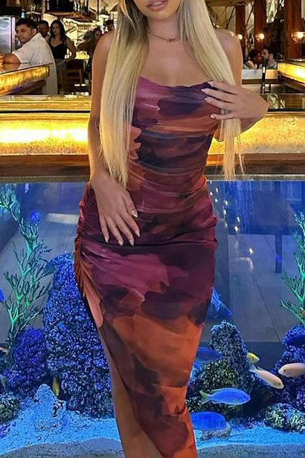 Sleeveless Floral Print Backless Spaghetti Strap Irregular Hem Formal Party Evening Bodycon Midi Slip Dresses