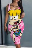 Casual Cartoon Print Sleeveless U Neck Vest Bodycon Midi Tank Dresses