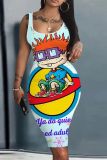 Casual Cartoon Print Sleeveless U Neck Vest Bodycon Midi Tank Dresses