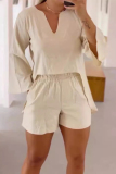 Casual V Neck Long Sleeve Pocket Irregular Hem Linen Blouse And Shorts Vacation Two Pieces Shorts Sets