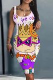 Casual Cartoon Print Sleeveless U Neck Vest Bodycon Midi Tank Dresses