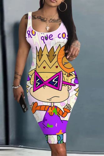 Casual Cartoon Print Sleeveless U Neck Vest Bodycon Midi Tank Dresses