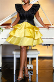 Deep V Neck Backless Ruffle Sleeve Ruffle Tiered Hem Cake Skirt Formal Evening Party Mini Dresses