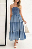 Gradual Change Strapless Sleeveless Pocket Side Slit Ruffle Tiered Hem Vacation A Line Tube Denim Maxi Dresses