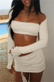 Sexy Backless Long Sleeve Belted Square Neck Crop Tops And Drawstring Mini Skirt Club Two Pieces Dress Sets