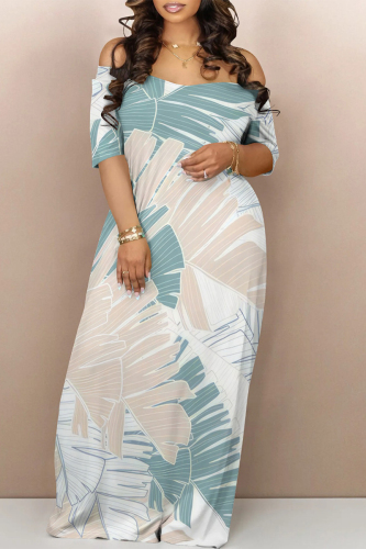Leaf Print Off Shoulder Short Sleeve Pocket Floor Length Vacation Loose Straight Maxi Dress
