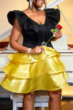 Deep V Neck Backless Ruffle Sleeve Ruffle Tiered Hem Cake Skirt Formal Evening Party Mini Dresses