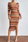 Yellow Geometric Print Round Neck Long Sleeve Side Slit Pencil Skirt Fall Winter Bodycon Stripe Midi Knit Dress