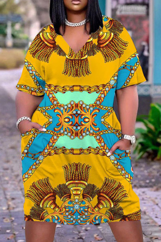 Casual Graphics Print V Neck Short Sleeve Pockets Plus Size T-shirt Midi Dresses