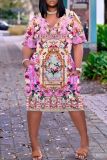 Casual Graphics Print V Neck Short Sleeve Pockets Plus Size T-shirt Midi Dresses