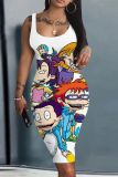 Casual Cartoon Print Sleeveless U Neck Vest Bodycon Midi Tank Dresses