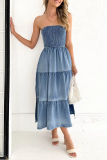 Gradual Change Strapless Sleeveless Pocket Side Slit Ruffle Tiered Hem Vacation A Line Tube Denim Maxi Dresses