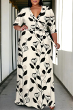 Casual Flowers Print V Neck Half Sleeve Lace Up Vacation Plus Size Loose A Line Maxi Dresses
