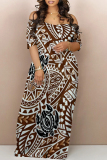 Sexy Boho Graphics Print Off Shoulder Short Sleeve Vacation Loose Maxi T-shirt Dresses