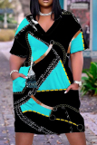 Casual Graphics Print V Neck Short Sleeve Pockets Plus Size T-shirt Midi Dresses