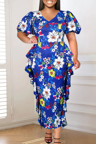 Floral Print V Neck Puff Sleeve Ruffle Trim One Step Skirt Formal Party Evening Plus Size Bodycon Maxi Dress