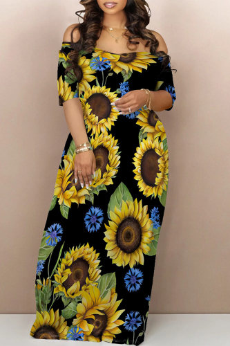 Sexy Floral Print Off Shoulder Short Sleeve Floor Length Pocket Vacation Loose T-shirt Dresses