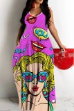 Casual Figure Print Backless Spaghetti Strap Sleeveless Floor Length Long Baggy Vacation Maxi Slip Dresses