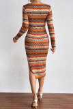 Yellow Geometric Print Round Neck Long Sleeve Side Slit Pencil Skirt Fall Winter Bodycon Stripe Midi Knit Dress