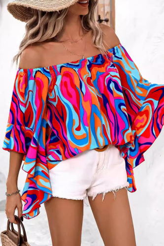 Sexy Striped Print Off Shoulder Batwing Sleeve Vacation Loose Fitted Blouse