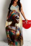 Casual Figure Print Backless Spaghetti Strap Sleeveless Floor Length Long Baggy Vacation Maxi Slip Dresses