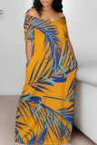 Leaf Print Off Shoulder Short Sleeve Pocket Floor Length Vacation Loose Straight Maxi Dress