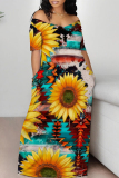 Sexy Floral Print Off Shoulder Short Sleeve Floor Length Pocket Vacation Loose T-shirt Dresses