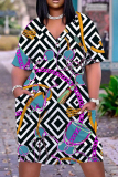 Casual Graphics Print V Neck Short Sleeve Pockets Plus Size T-shirt Midi Dresses