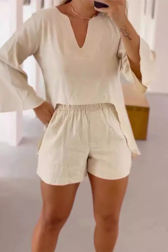Casual V Neck Long Sleeve Pocket Irregular Hem Linen Blouse And Shorts Vacation Two Pieces Shorts Sets