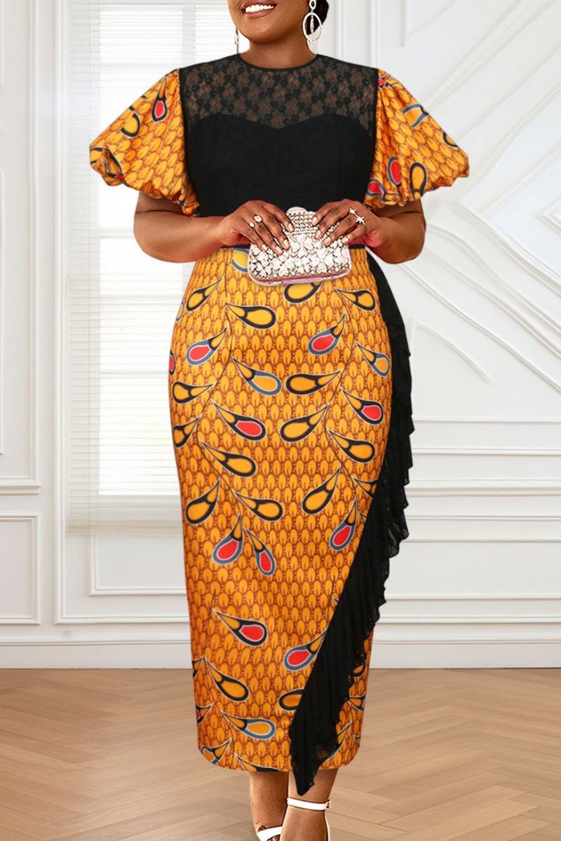 Wholesale Boho Print O Neck Puff Sleeve Lace Patchwork Pencil Skirt ...