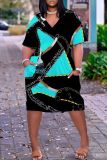 Casual Graphics Print V Neck Short Sleeve Pockets Plus Size T-shirt Midi Dresses
