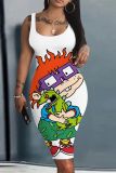 Casual Cartoon Print Sleeveless U Neck Vest Bodycon Midi Tank Dresses