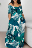 Leaf Print Off Shoulder Short Sleeve Pocket Floor Length Vacation Loose Straight Maxi Dress
