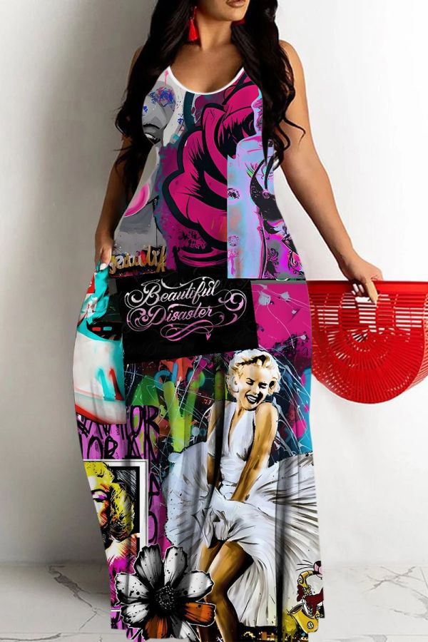 Casual Figure Print Backless Spaghetti Strap Sleeveless Floor Length Long Baggy Vacation Maxi Slip Dresses